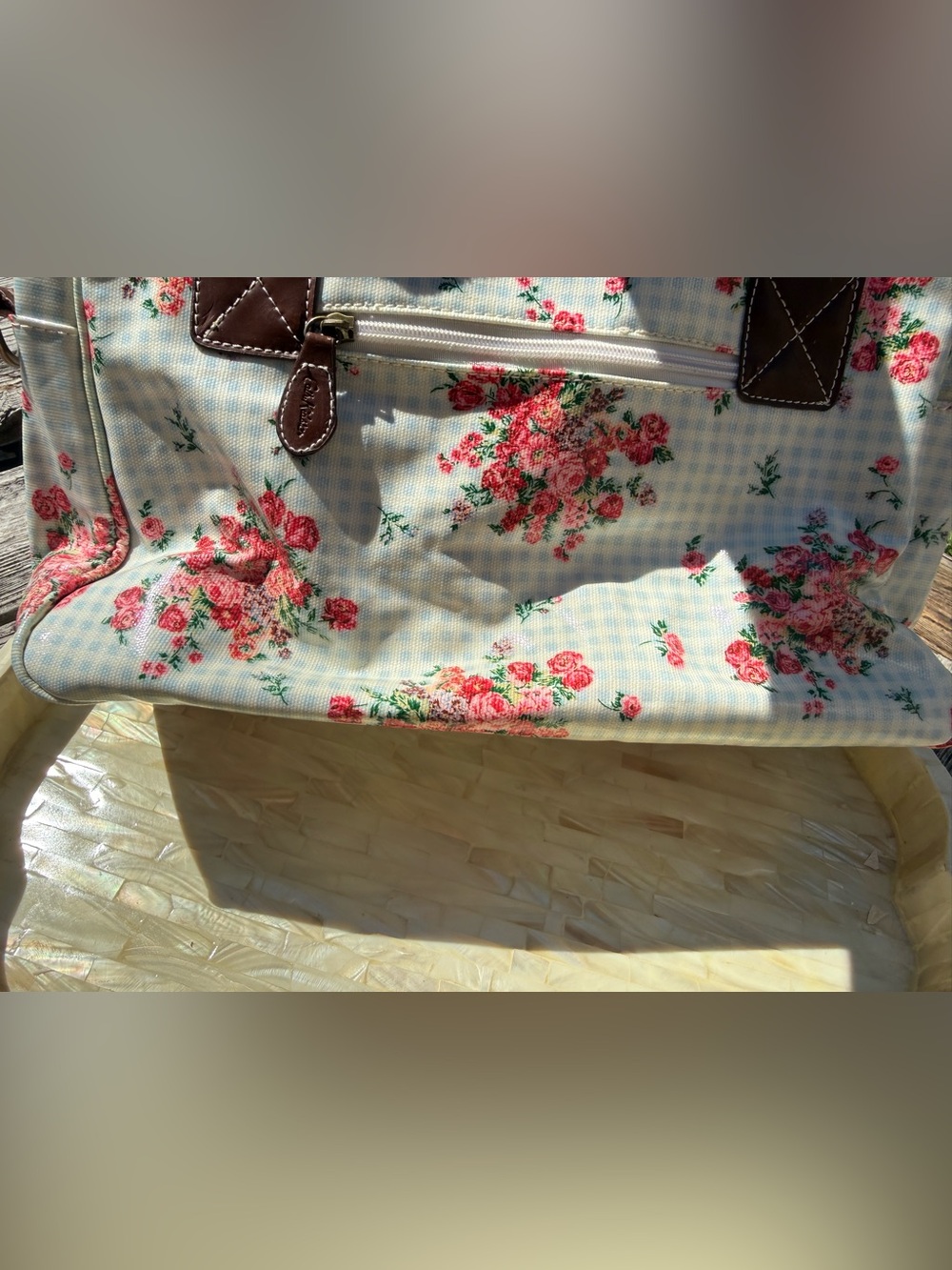 Cath Kidston Blue Gingham Floral Tote with Pink Roses - Picture 5 of 6
